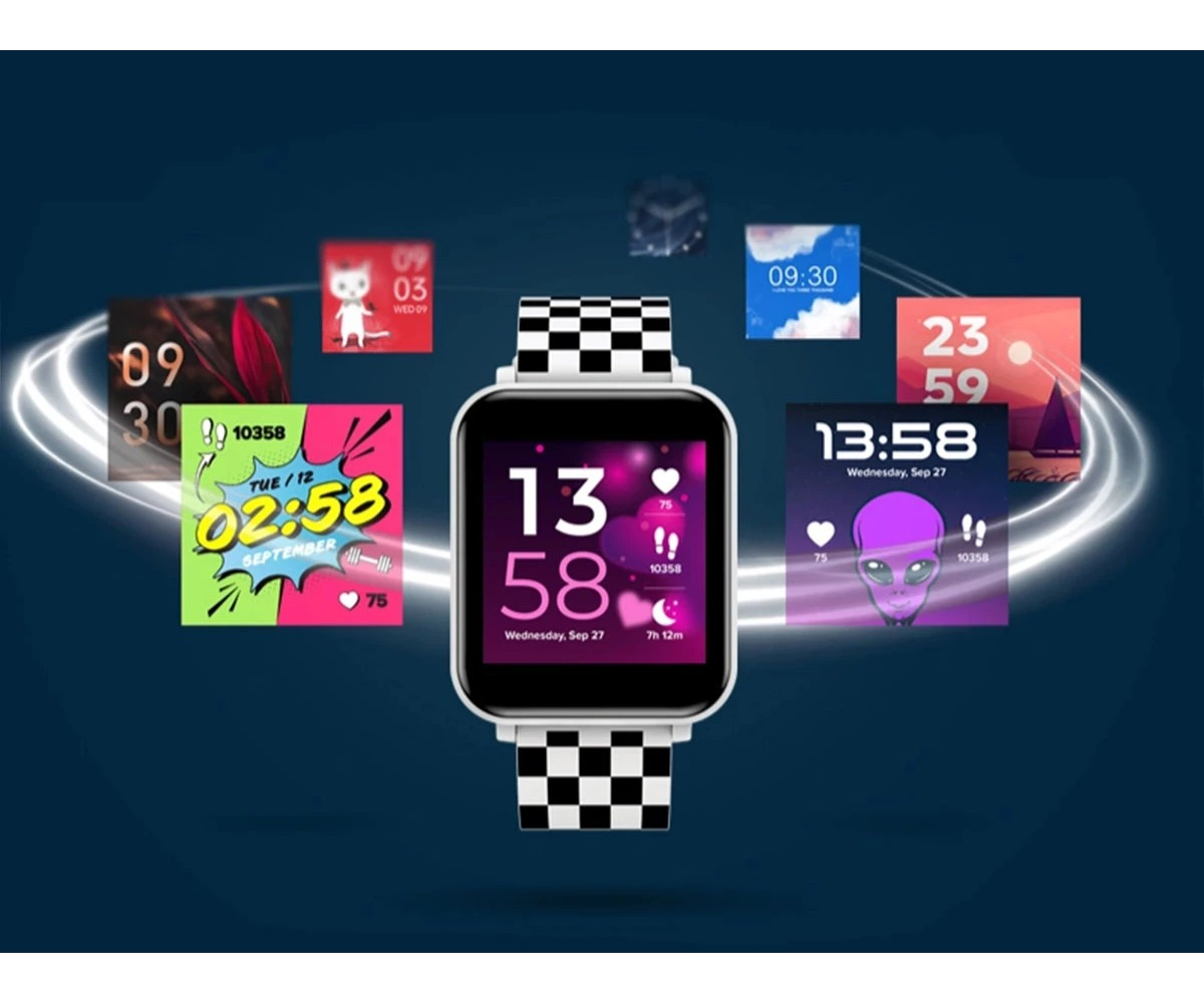 A smartwatch with a checkered band is centered, surrounded by swirling light rings and various colorful watch faces.
