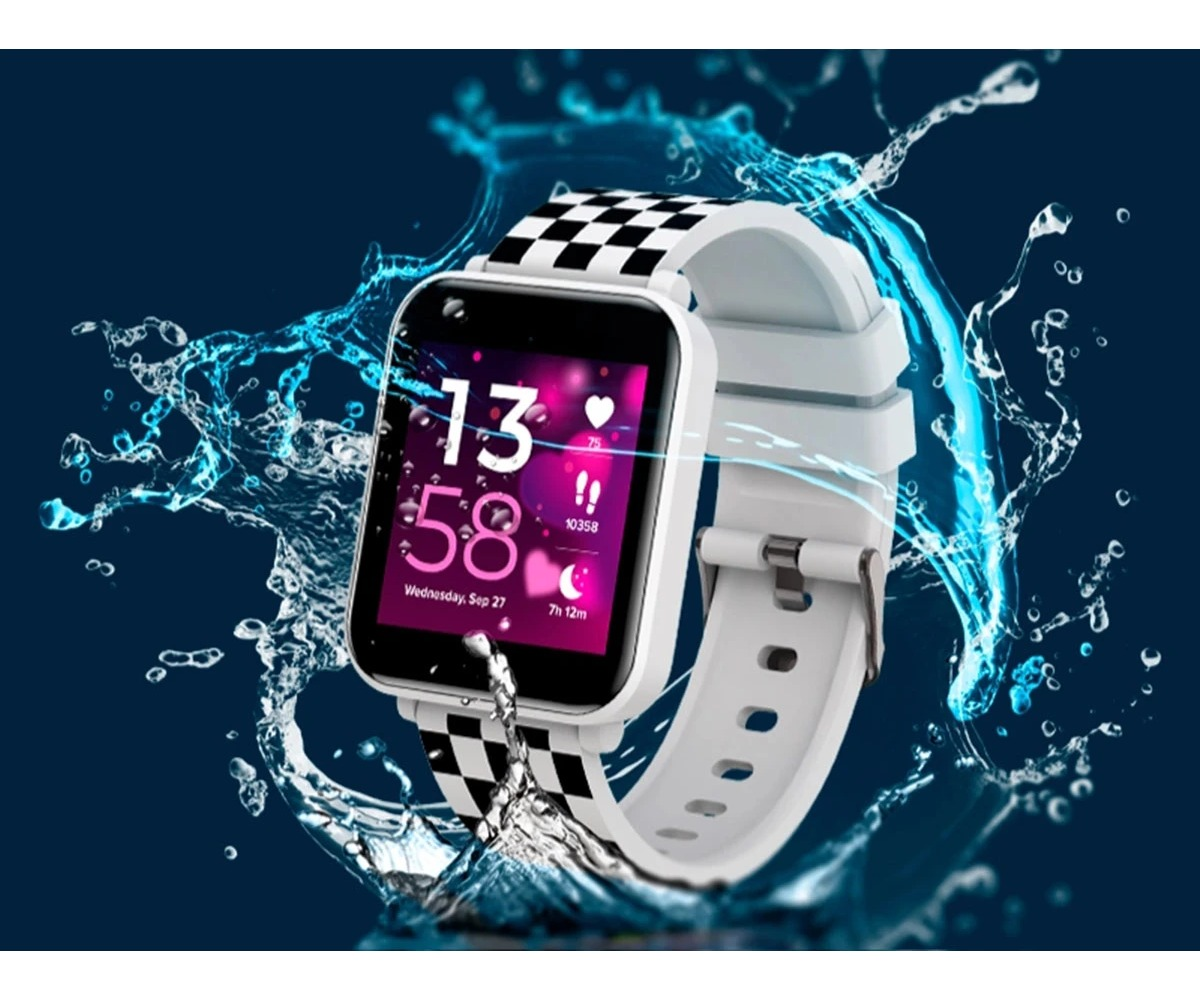 A white smartwatch with a checkered strap and digital display is centered amidst splashing water.