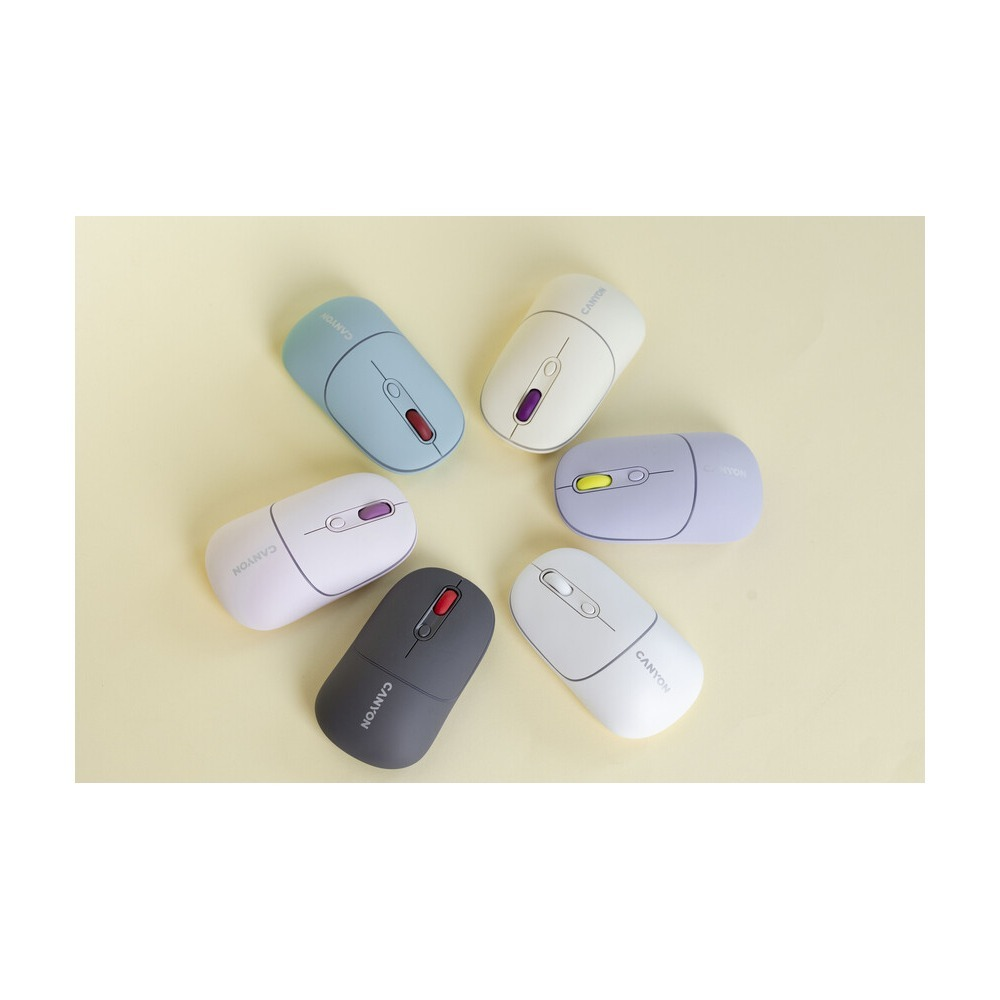 Six colorful wireless Canyon mice are arranged in a circle on a light background.