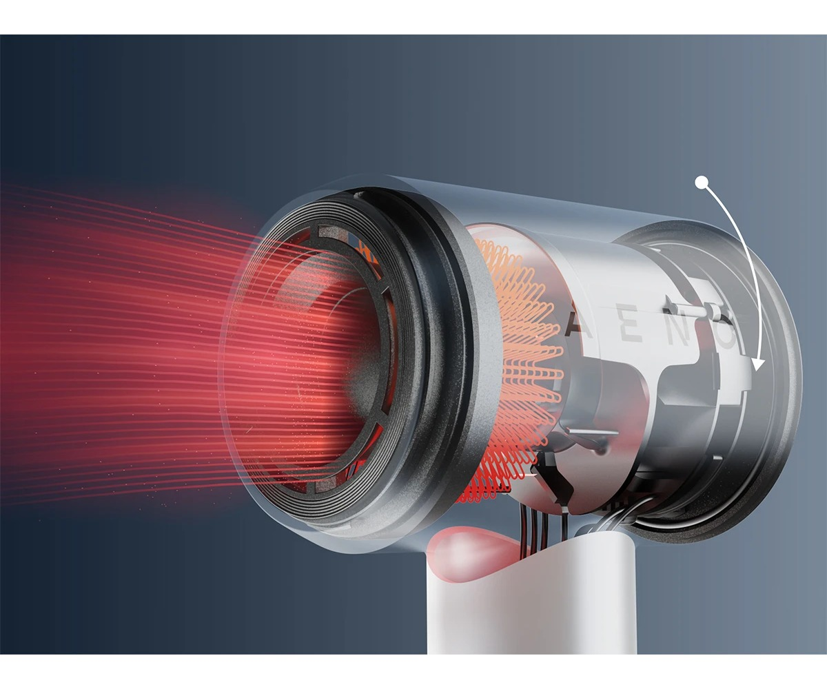 Przezroczysta suszarka pokazuje czerwoną grzałkę i przepływ powietrza na szarym tle.