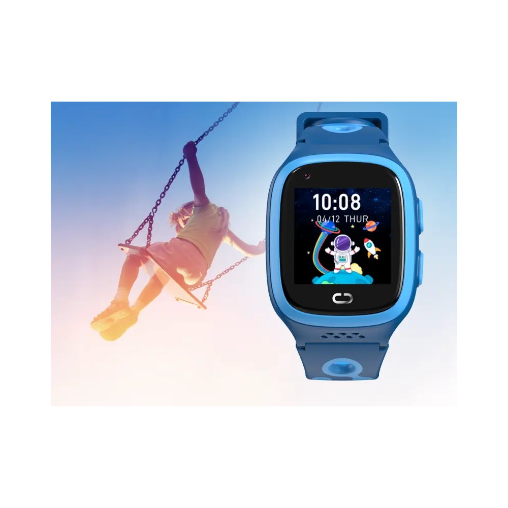 Reloj inteligente azul para niños con pantalla espacial y niño en columpio de fondo.