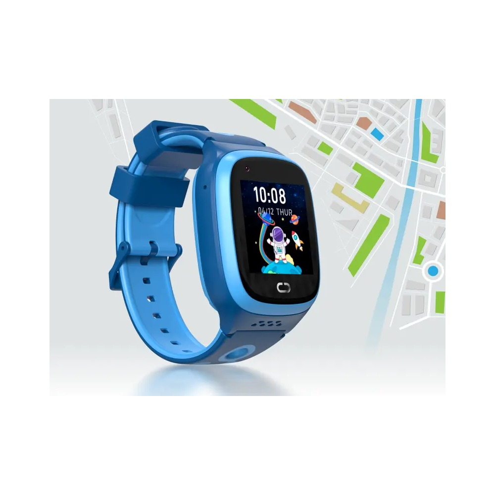 Smartwatch azul para niños con esfera de astronauta sobre fondo de mapa de la ciudad.