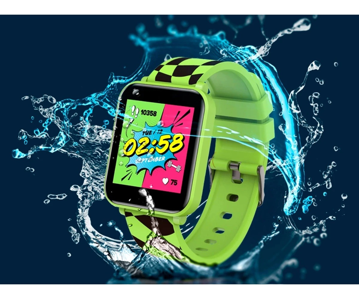 A bright green smartwatch with a colorful display surrounded by splashing water against a blue background.