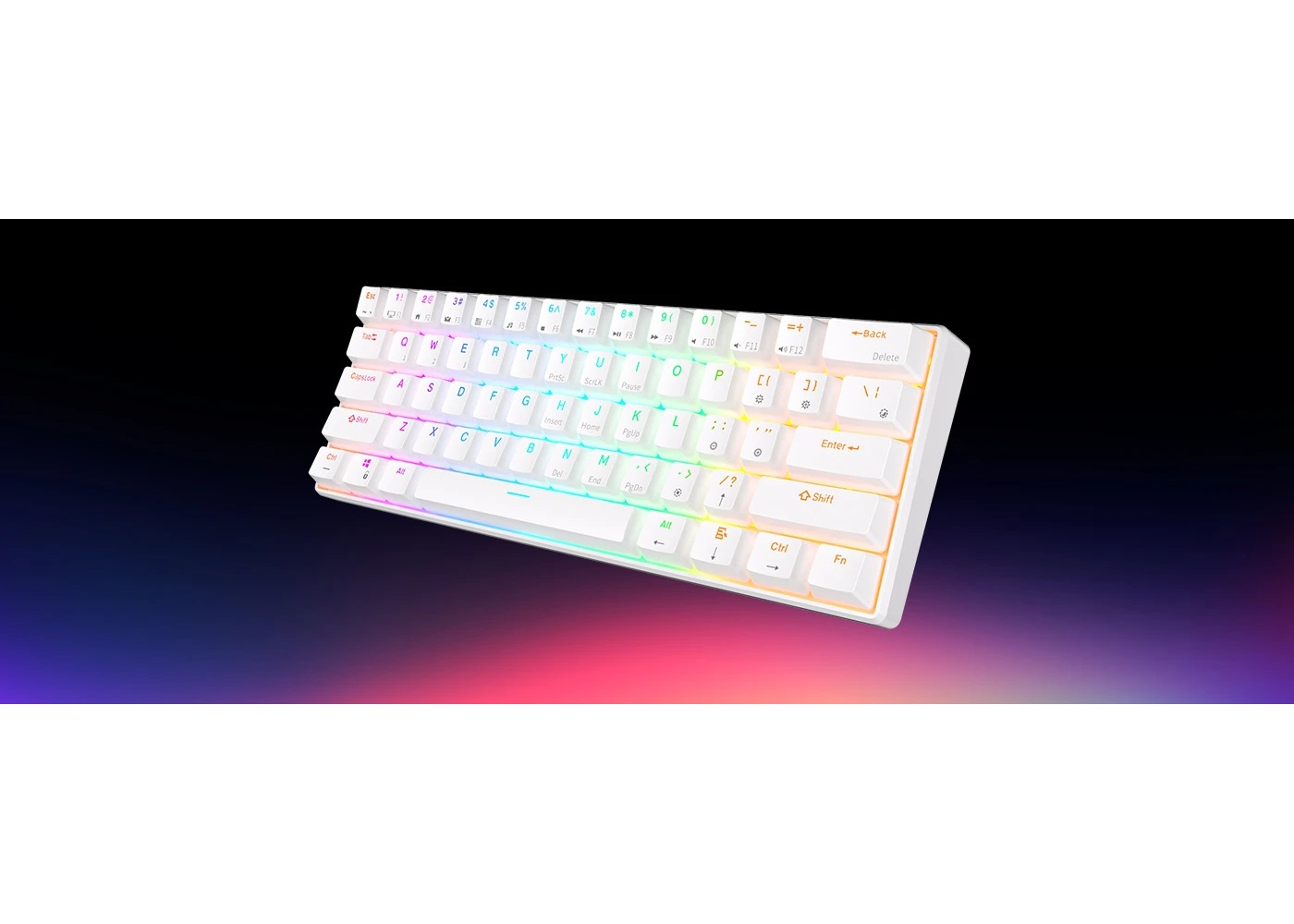 Kompaktowa biała klawiatura z podświetleniem RGB na ciemnym tle z kolorowym światłem.