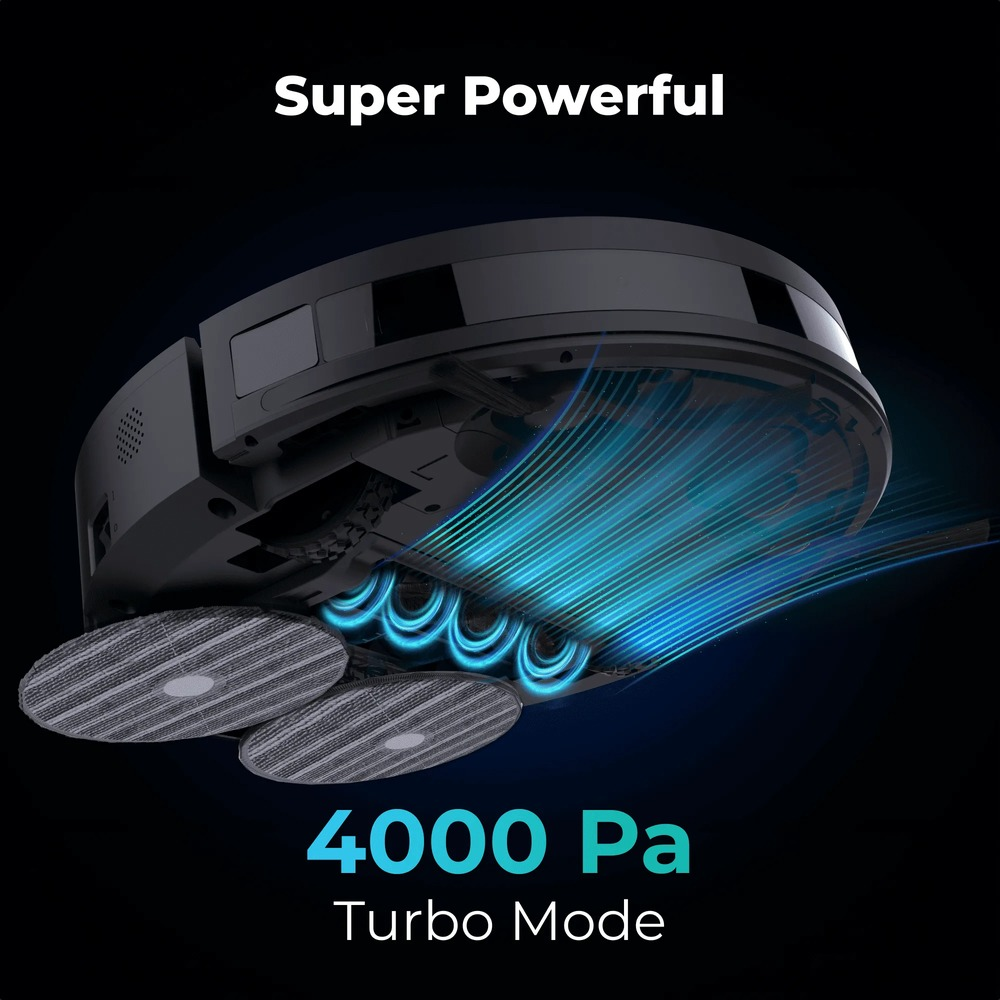 Czarny odkurzacz automatyczny z niebieskimi liniami pokazującymi silne ssanie i napisem Super Powerful 4000 Pa Turbo Mode.