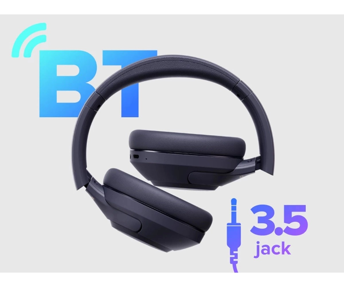 Ciemnoniebieskie słuchawki z ikonami Bluetooth i jack 3,5 mm na szaro-turkusowym tle.