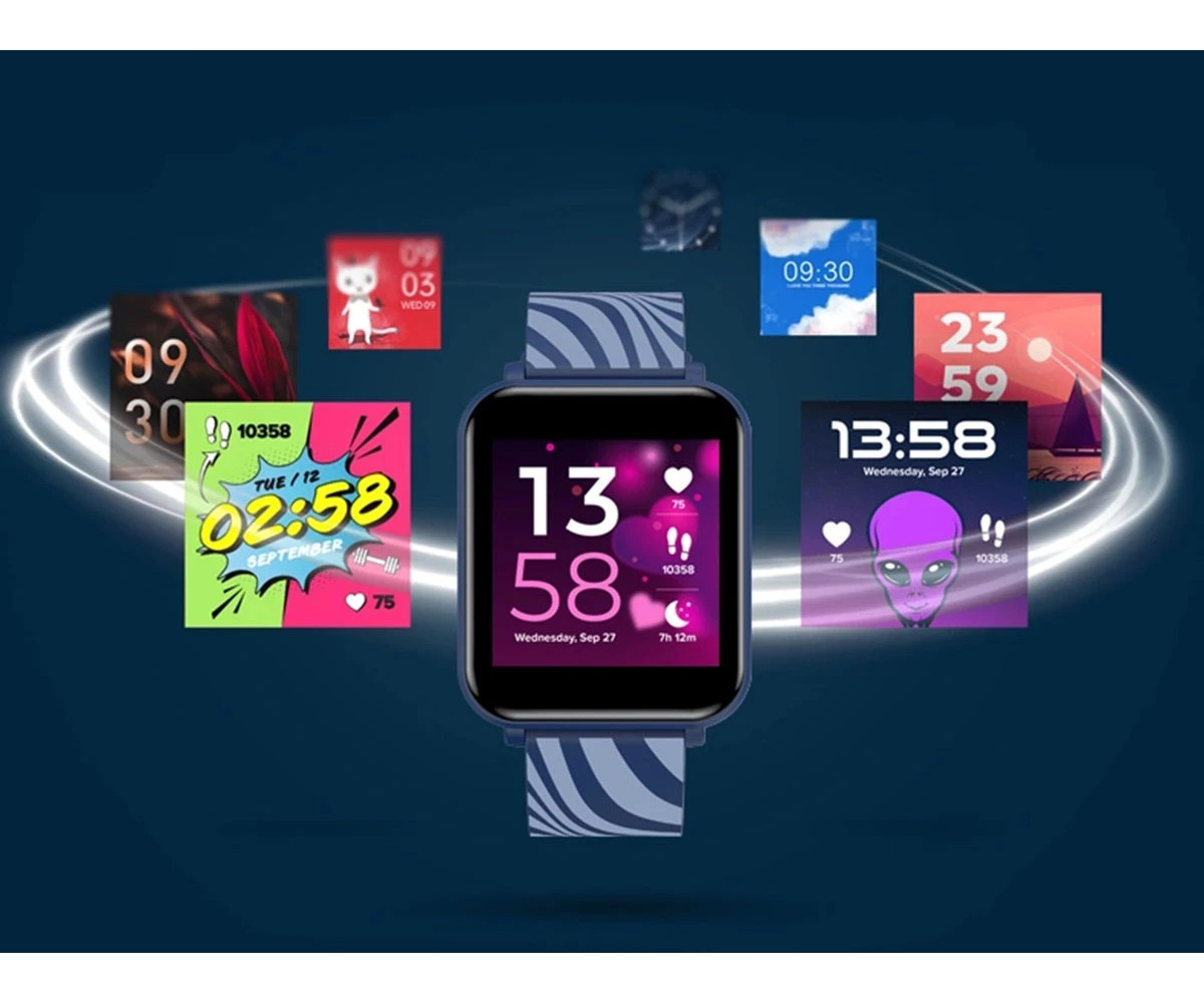 A smartwatch with a blue patterned strap displays time and health data, surrounded by various colorful watch faces.