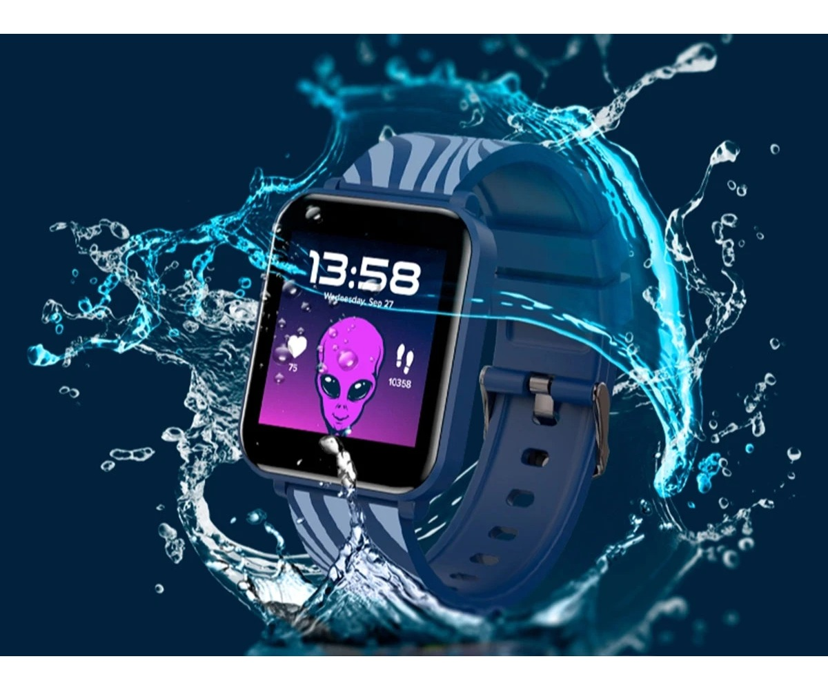 A blue smartwatch with a zebra-patterned strap is surrounded by a dynamic splash of water against a dark background.