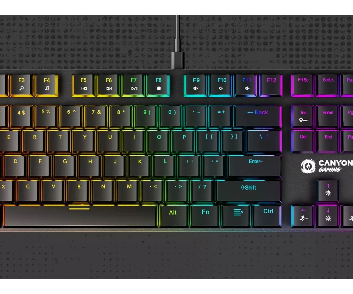 Klawiatura Canyon Gaming z podświetleniem RGB, klawiszami funkcyjnymi i logo.