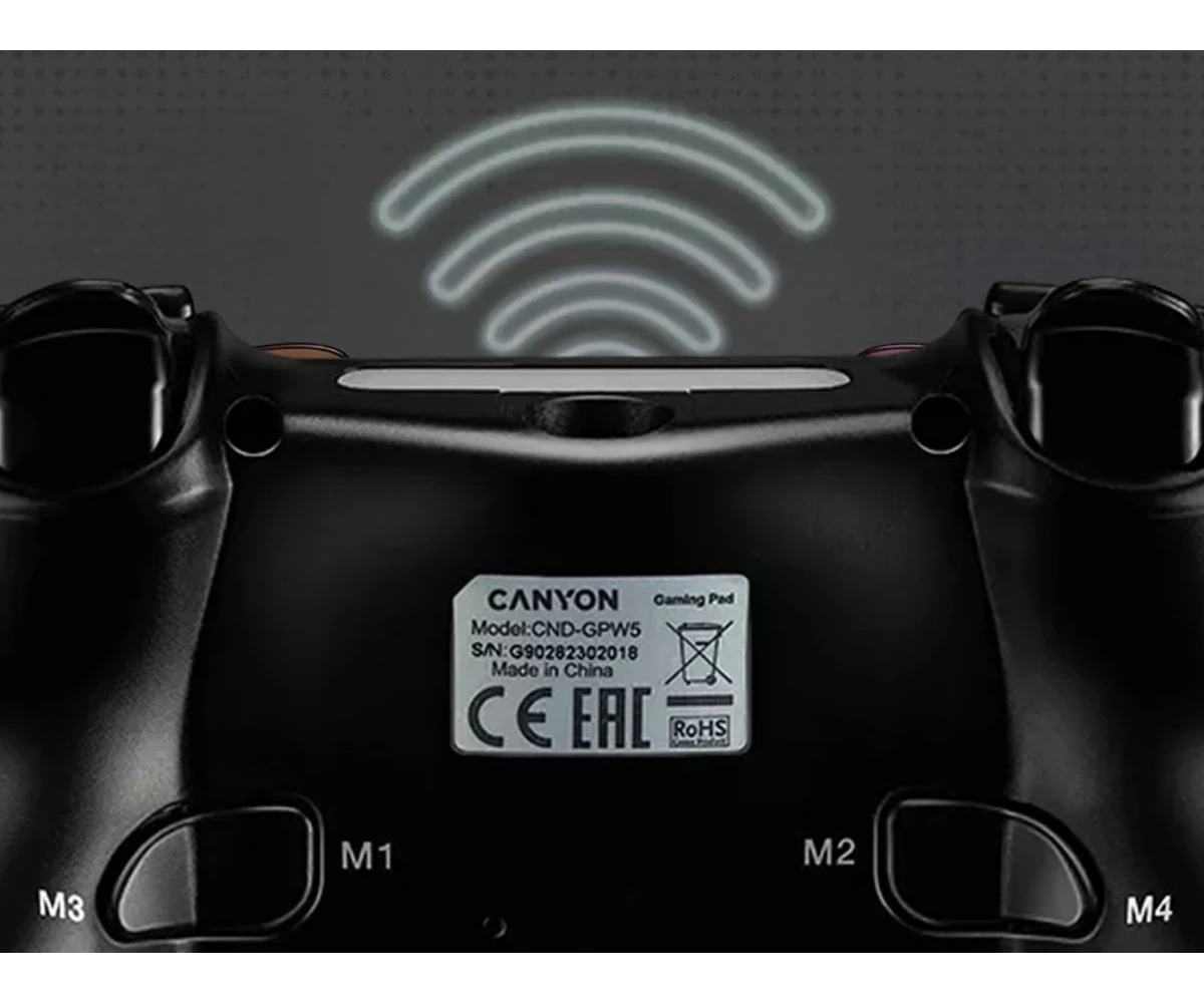 Rückseite eines schwarzen Canyon CND-GPW5 Gamepads mit WiFi-Symbol und Tasten M1 bis M4.