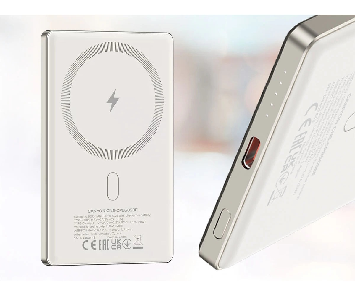 Powerbank CANYON Magsafe 5000 mAh PD 20W slim Beżowy