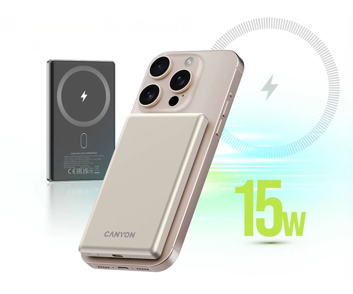 Powerbank CANYON Magsafe 5000 mAh PD 20W slim Beżowy
