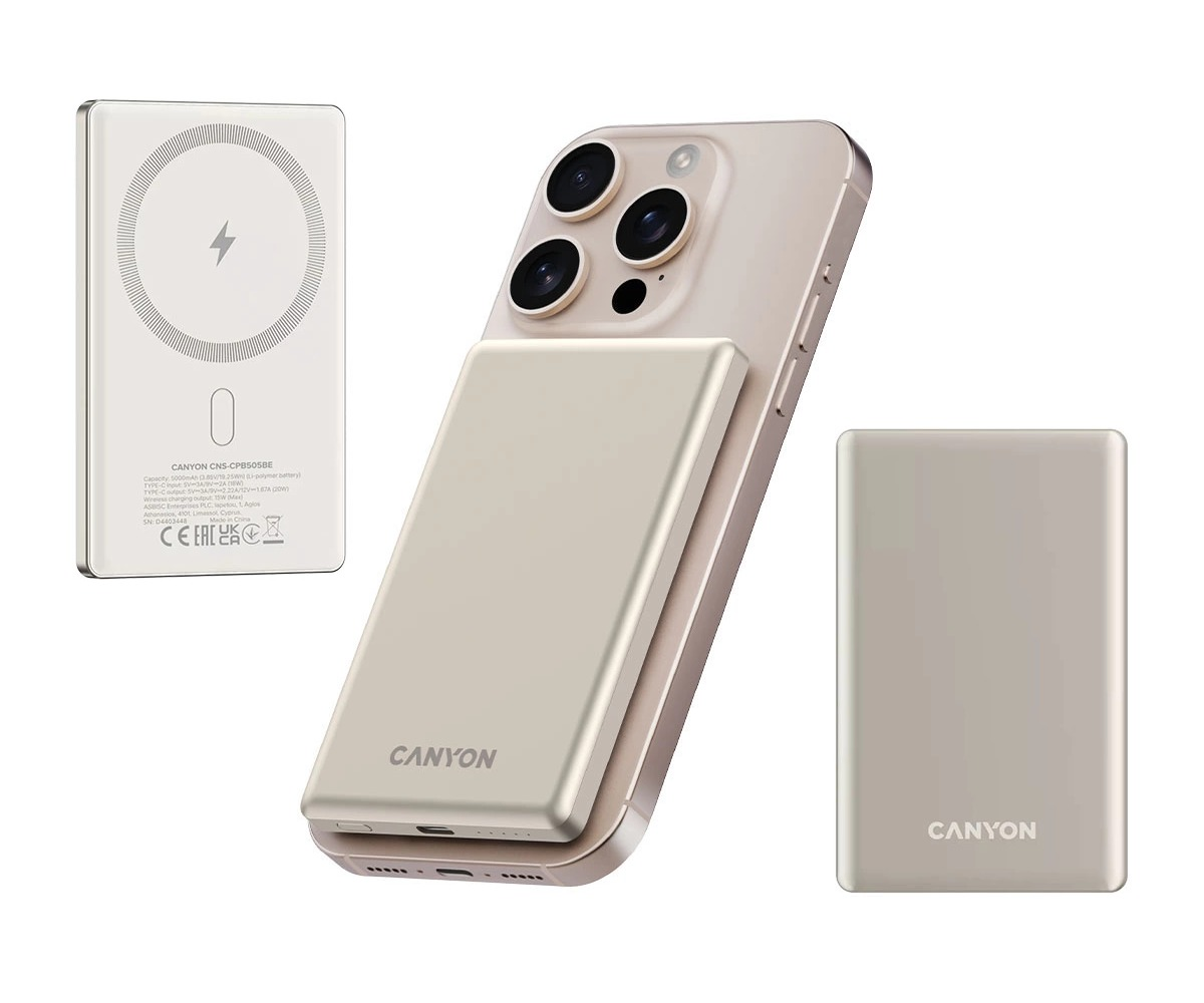 Powerbank CANYON Magsafe 5000 mAh PD 20W slim Beżowy