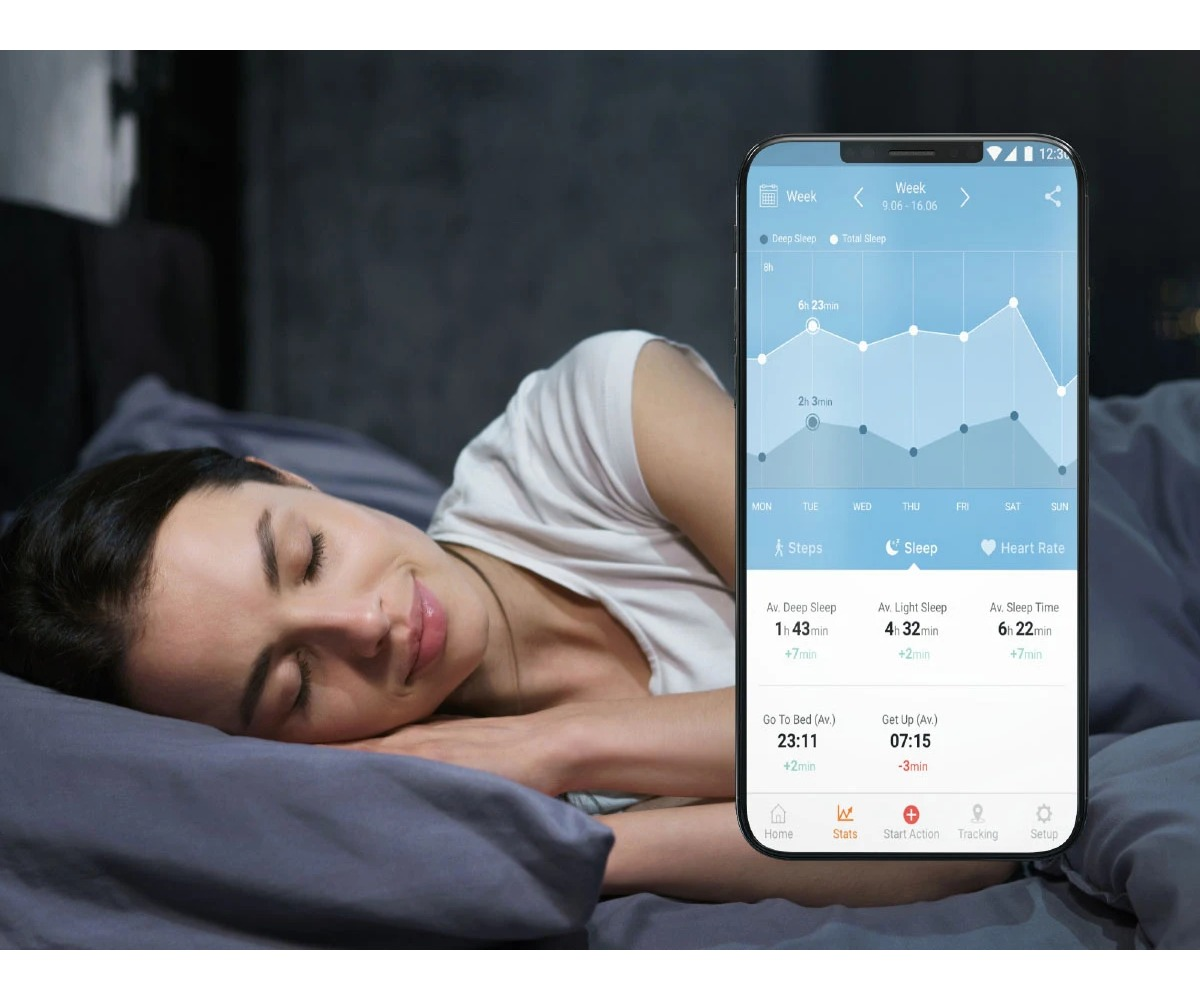Kobieta śpi w łóżku, podczas gdy smartfon wyświetla dane dotyczące snu z wykresami.