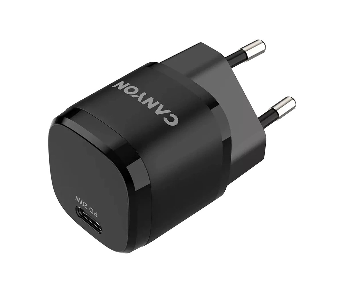 Czarne szybkie ładowarki ścienne Canyon PD 20W USB-C z bolcami na białym tle.