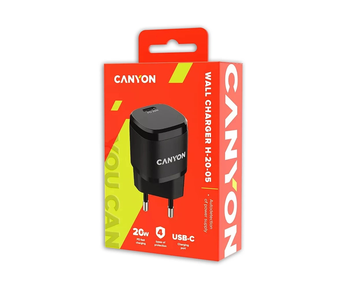 Czarna ładowarka ścienna USB-C Canyon w czerwonym pudełku.
