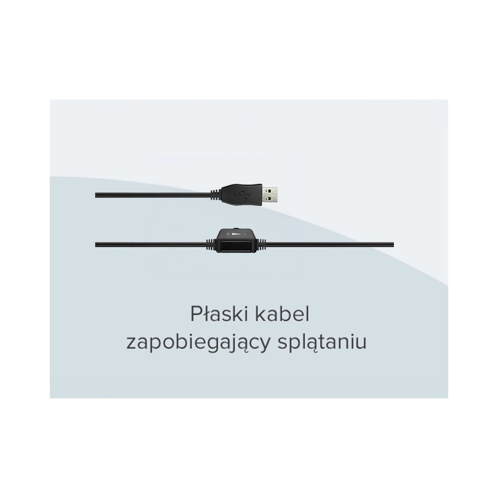 Czarny, płaski kabel zapobiegający splątaniu z złączem USB na jasnym tle.