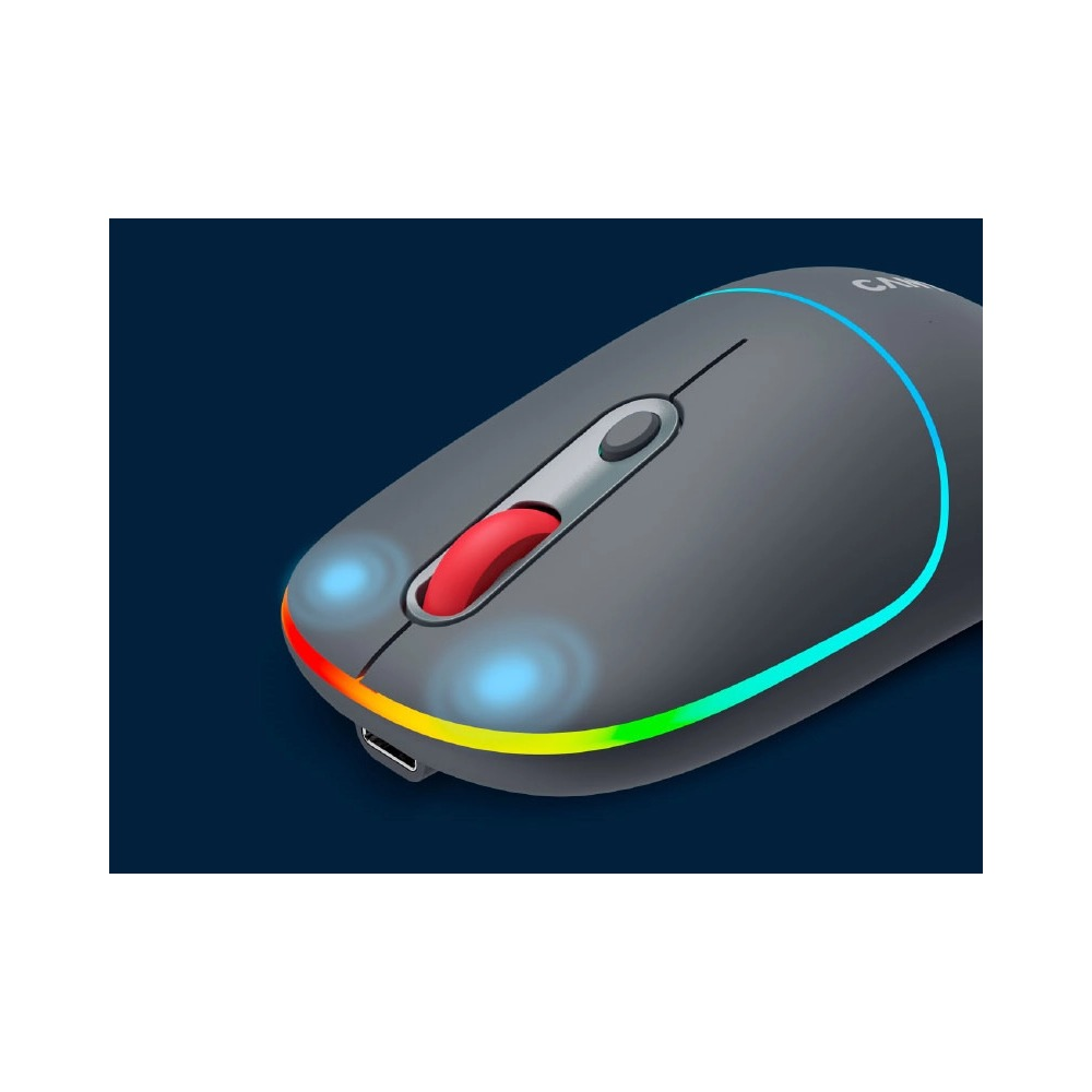 Elegancka szara mysz bezprzewodowa z czerwonym kółkiem i kolorowymi światłami RGB u podstawy.