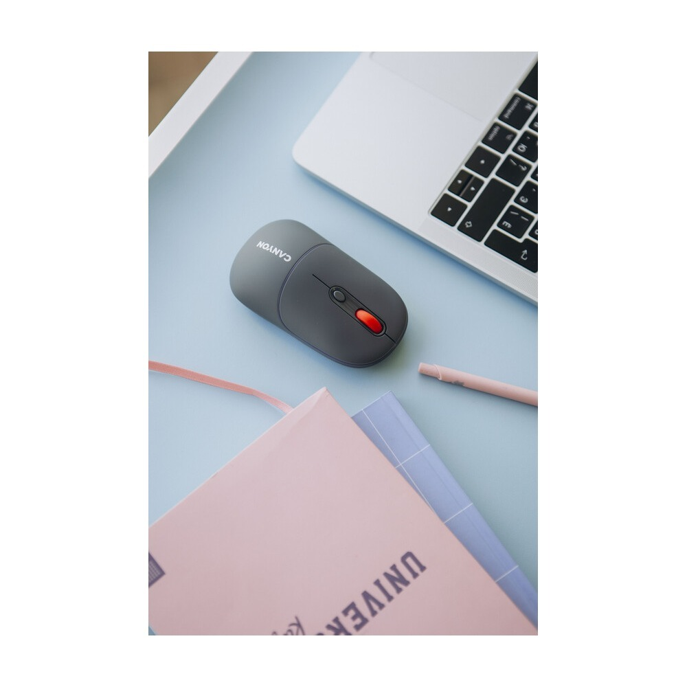 Szara mysz, laptop, długopis i notatniki na jasnoniebieskim biurku.