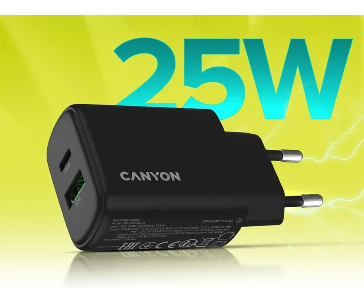 Czarna ładowarka sieciowa Canyon 25W z dwoma portami USB na żółtym tle.