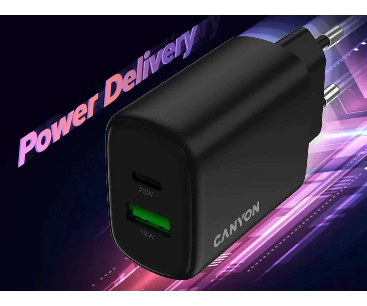 Czarna ładowarka ścienna Canyon z portami USB-C i USB-A na fioletowym tle.