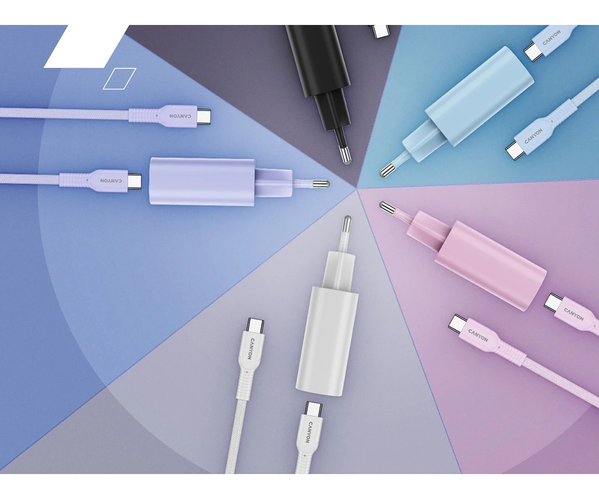 Kolorowe ładowarki do telefonów Canyon i pasujące kable USB-C na podzielonym pastelowym tle.