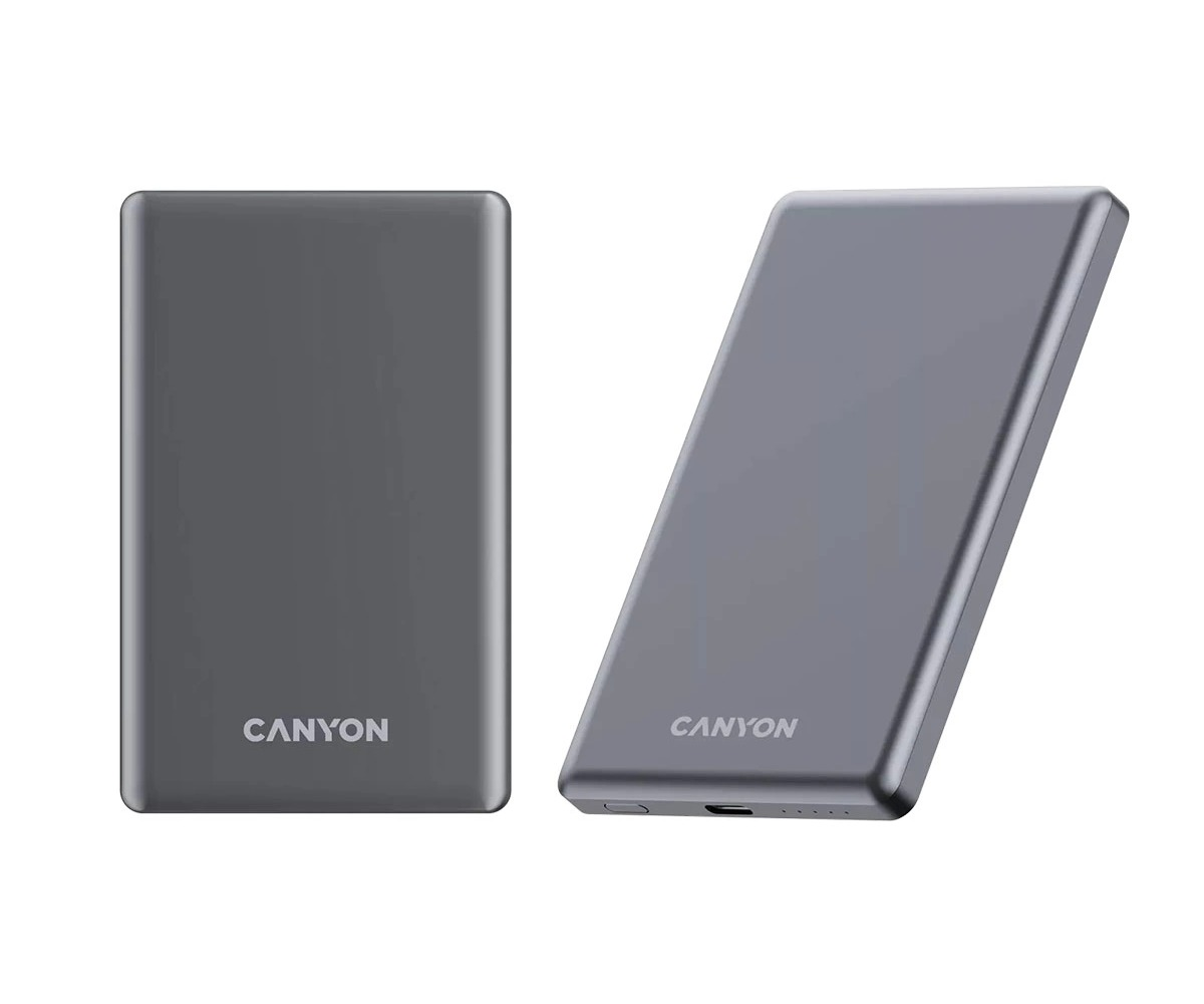 Dwa widoki eleganckiego szarego powerbanku Canyon z przodu i portami na białym tle.