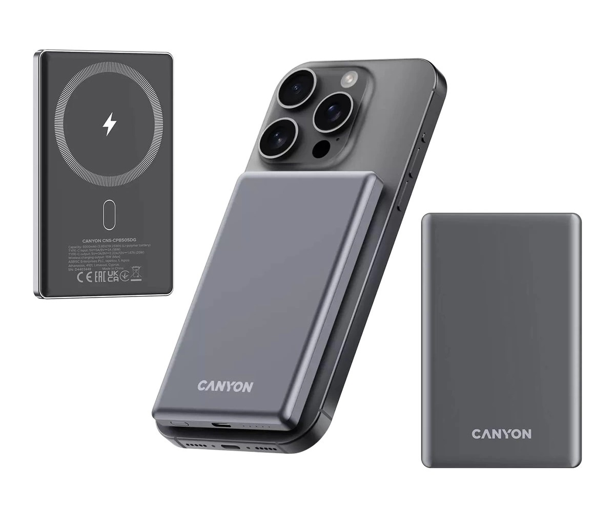 Trzy widoki szarego powerbanka Canyon, w tym jeden przymocowany magnetycznie do iPhone'a.
