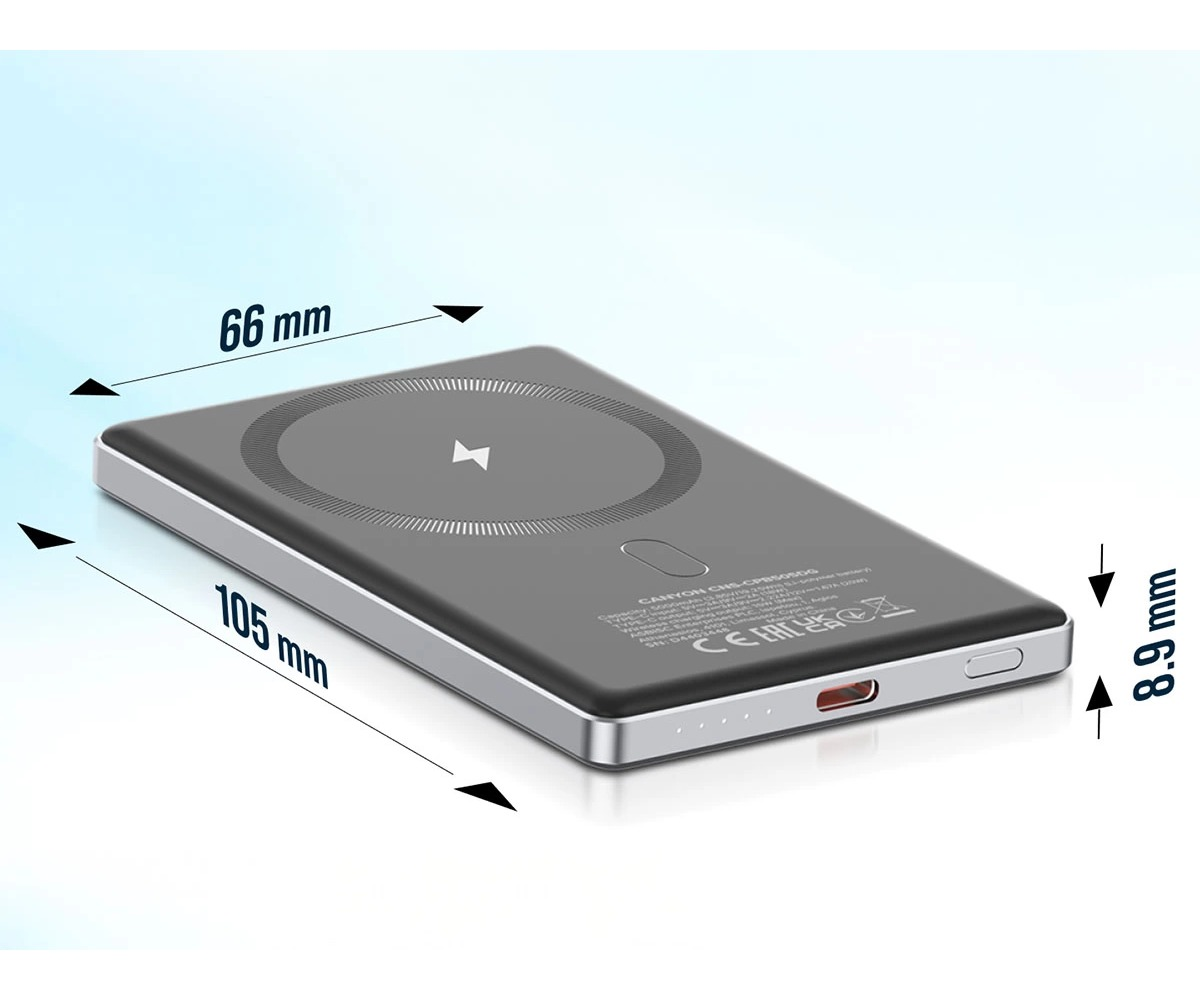 Cienka, ciemnoszara powerbank o wymiarach 105 mm długości, 66 mm szerokości i 8,9 mm grubości.