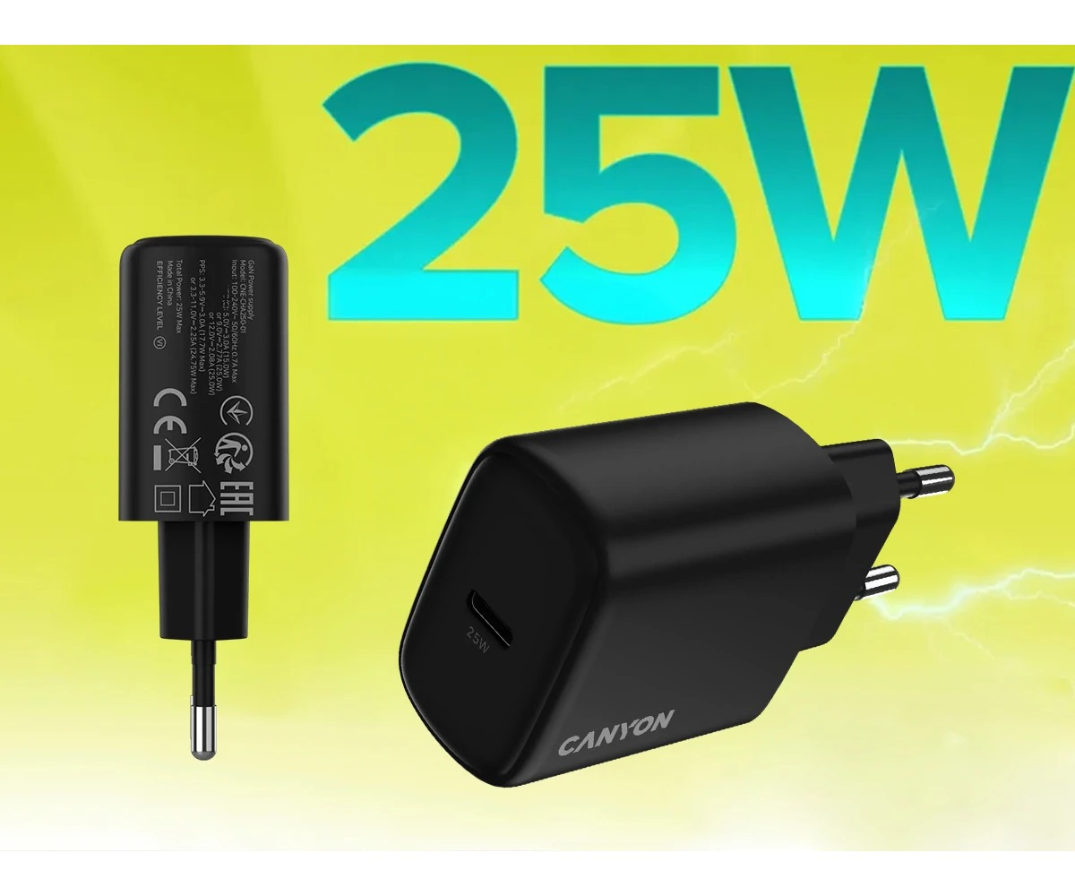 Czarna ładowarka sieciowa Canyon 25W USB-C na żółtym tle z dużym tekstem.