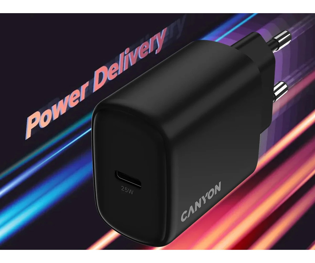 Czarna ładowarka Canyon 25W USB-C na kolorowym tle w paski z napisem Power Delivery.