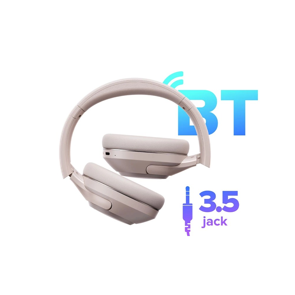 Beżowe słuchawki bezprzewodowe z Bluetooth i gniazdem jack 3,5 mm.