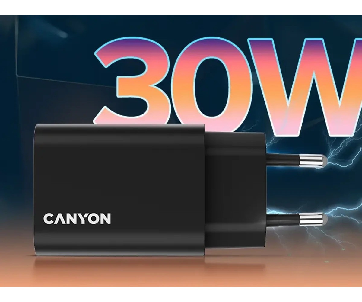 Czarna ładowarka sieciowa Canyon 30W na niebieskim tle z gradientem i efektami elektrycznymi.