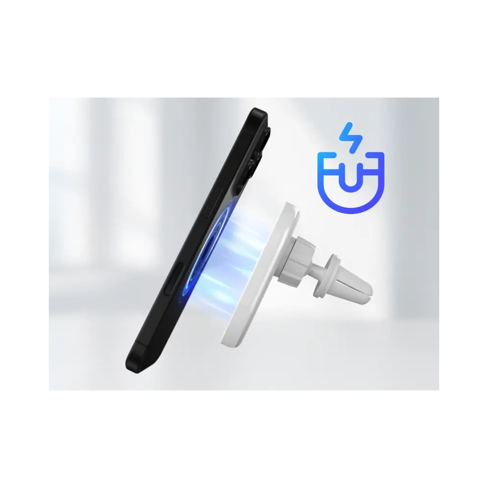 Czarny smartfon jest magnetycznie przymocowany do białego uchwytu nawiewu z niebieskimi falami magnetycznymi.