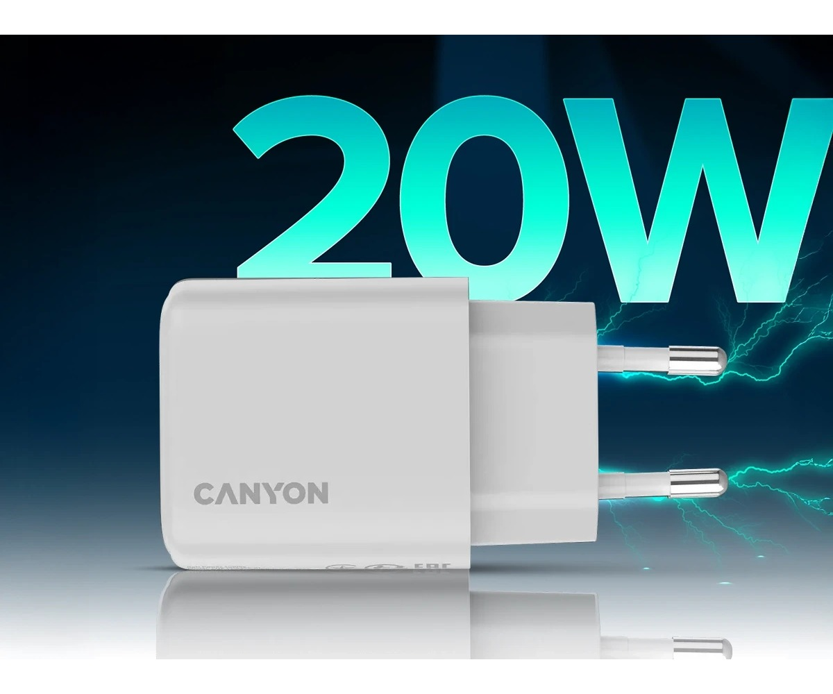 Biała ładowarka sieciowa Canyon 20W na niebieskim tle z iskrami elektrycznymi.