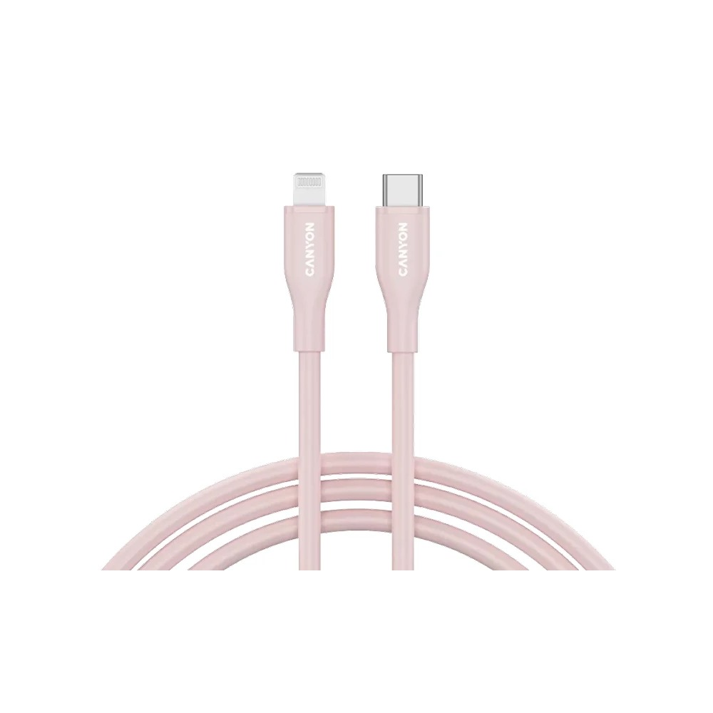 Różowy kabel Canyon USB-C na Lightning na białym tle.