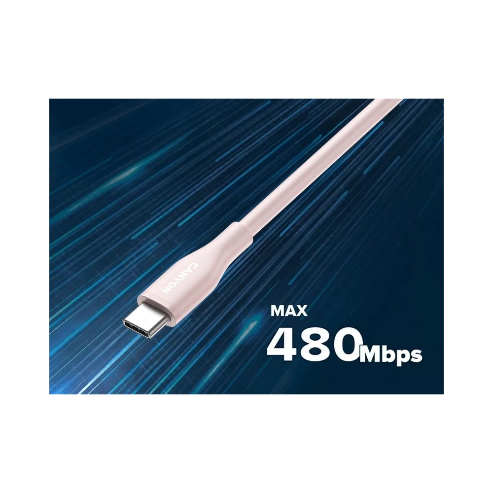 Różowy kabel USB-C na niebieskim tle z napisem MAX 480Mbps.