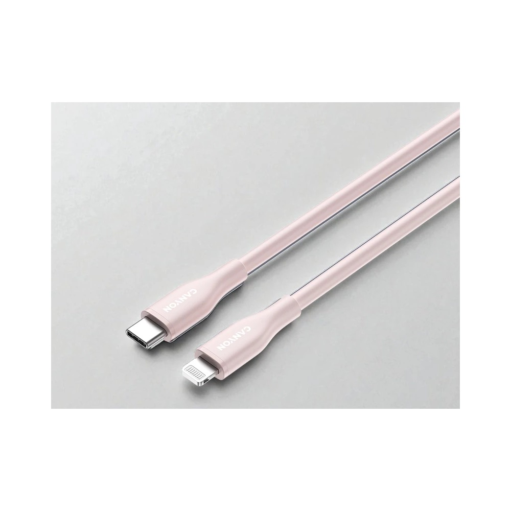 Dwa różowe kable ładujące Canyon ze złączami USB-C i Lightning na jasnoszarym tle.