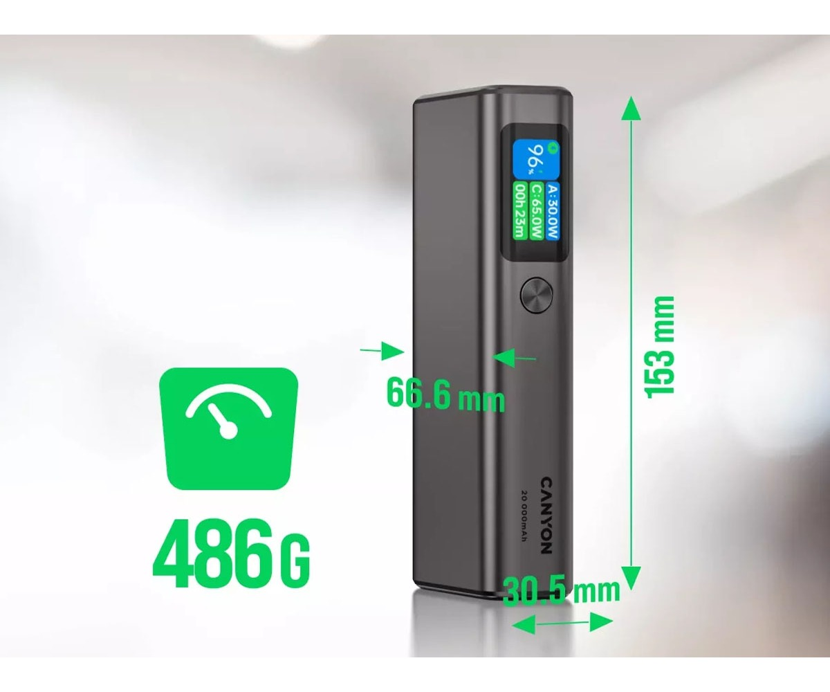 Szary power bank Canyon z wyświetlaczem, waży 486g, wymiary 153x66.6x30.5 mm.