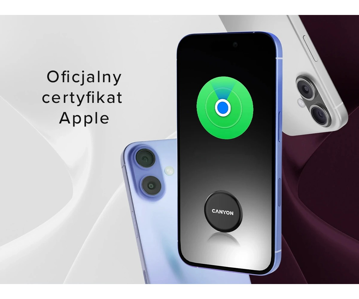 Smartfon wyświetla zielone logo Apple Find My na ekranie, z tekstem po lewej stronie.