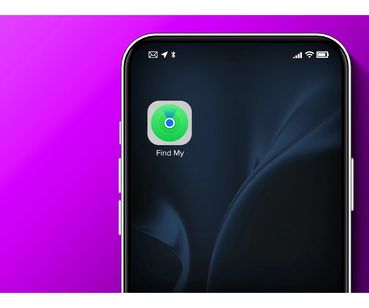 Smartfon wyświetlający ikonę aplikacji „Lokalizator” na ekranie głównym na fioletowym tle.