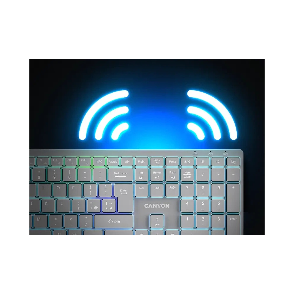 Biała klawiatura Canyon z jasnym podświetleniem RGB i dwoma świecącymi na niebiesko ikonami Wi-Fi w tle.