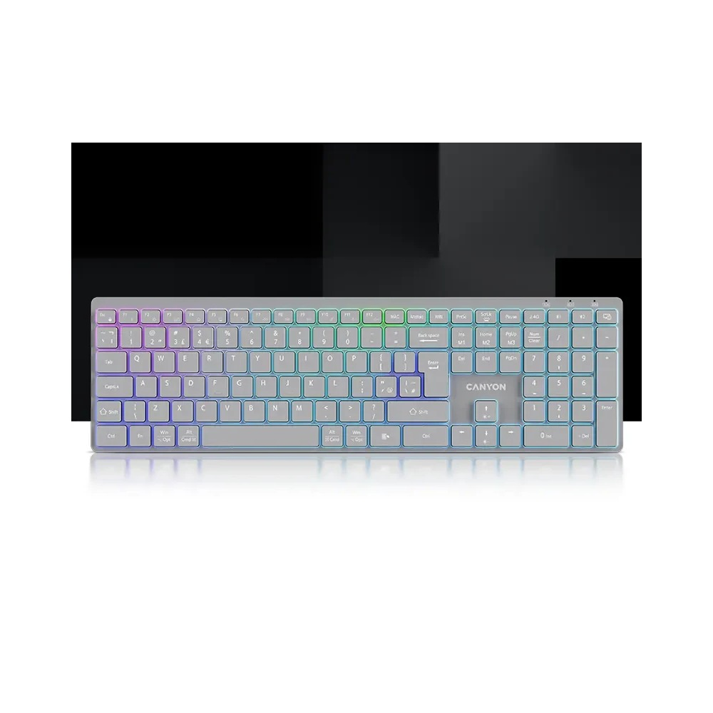 Szara klawiatura Canyon z podświetleniem RGB na czarnym tle.