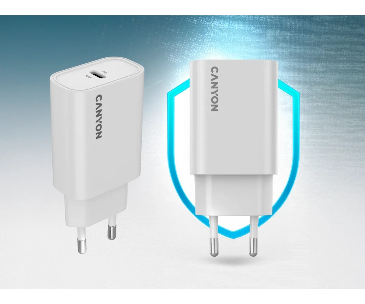 Dwa białe ładowarki ścienne Canyon z portem USB-C i wtyczką europejską, otoczone niebieską tarczą.