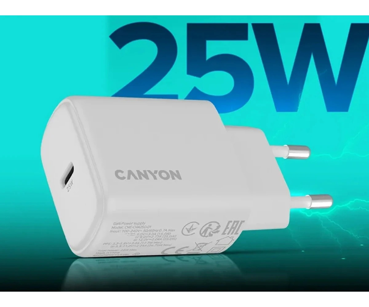 Biała ładowarka sieciowa USB-C Canyon o mocy 25W na jasnoniebieskim tle.