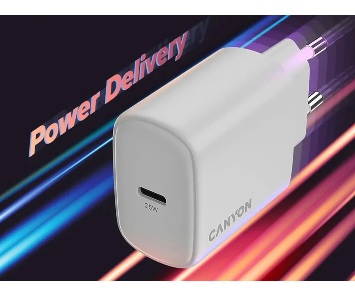 Biała ładowarka Canyon 25W USB-C na abstrakcyjnym tle z kolorowymi smugami światła.