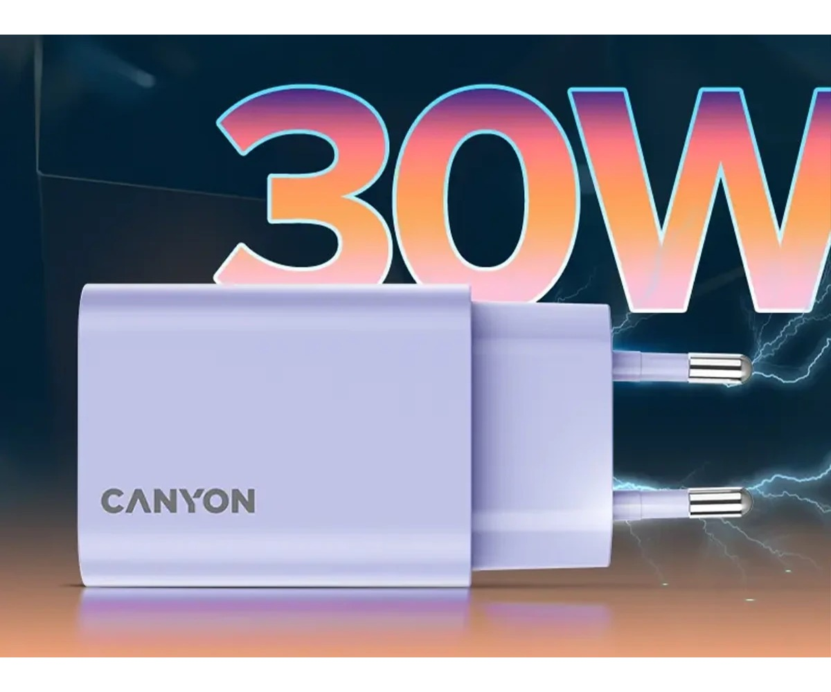 Fioletowa ładowarka sieciowa Canyon z napisem 30W i efektami elektrycznymi w tle.