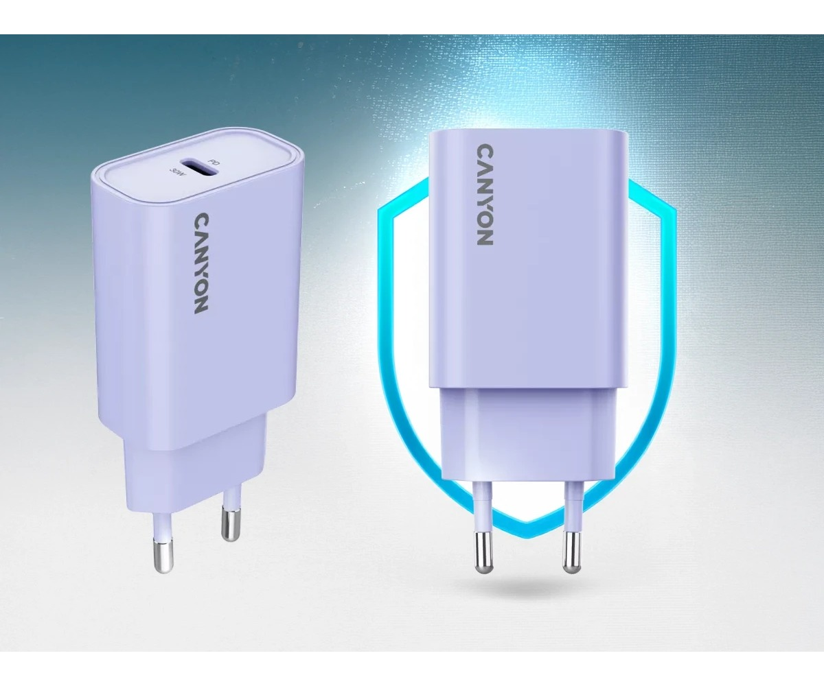 Dwa jasnofioletowe ładowarki USB Canyon na niebieskim tle z ikoną tarczy ochronnej.