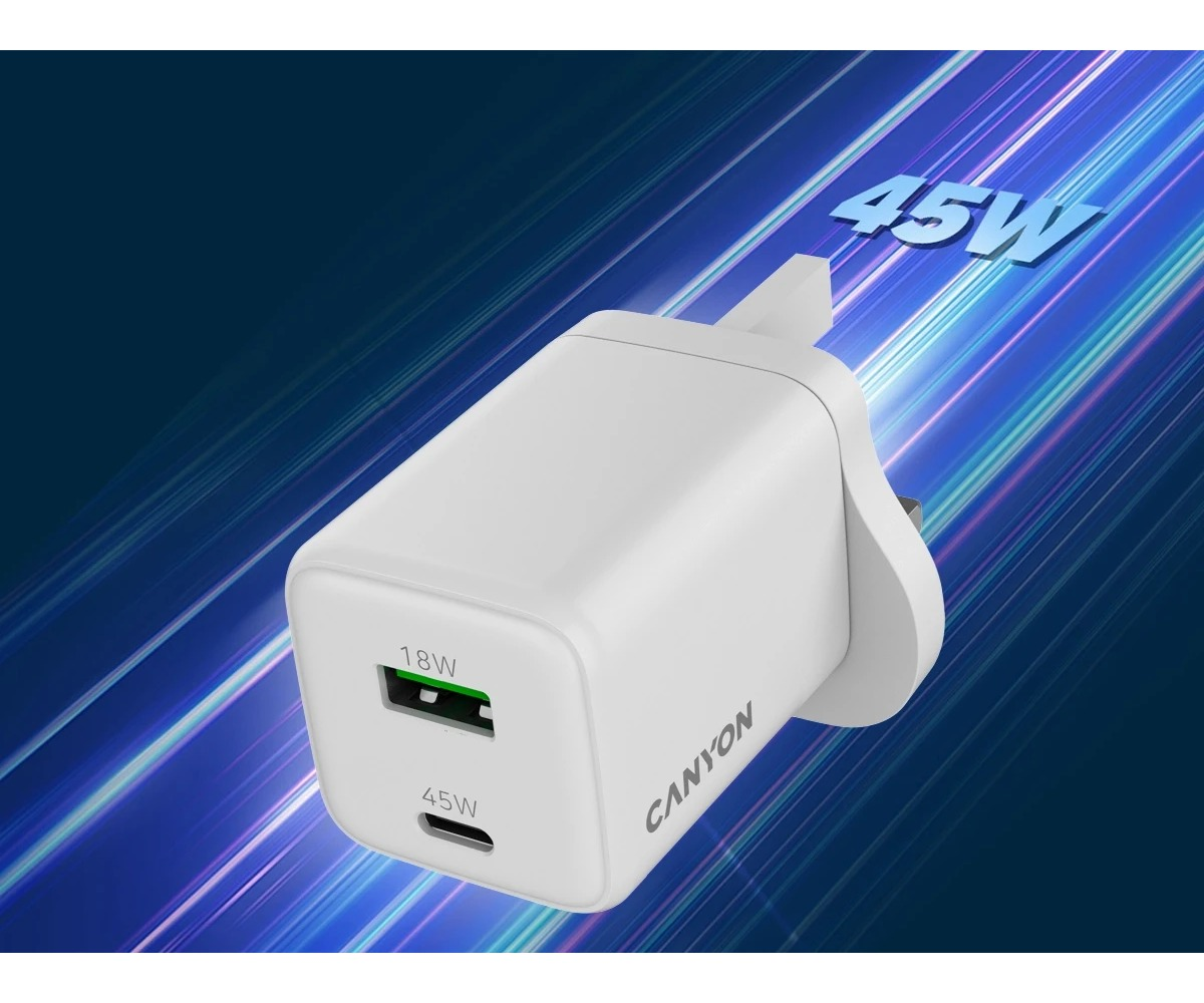 Biała ładowarka sieciowa USB Canyon z portem USB-A i USB-C na tle w niebieskie paski.