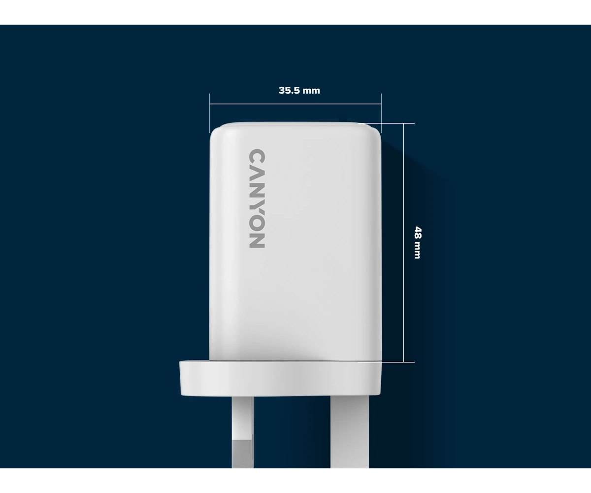 Biała ładowarka USB Canyon na niebieskim tle o wymiarach 35,5 mm szerokości i 48 mm wysokości.